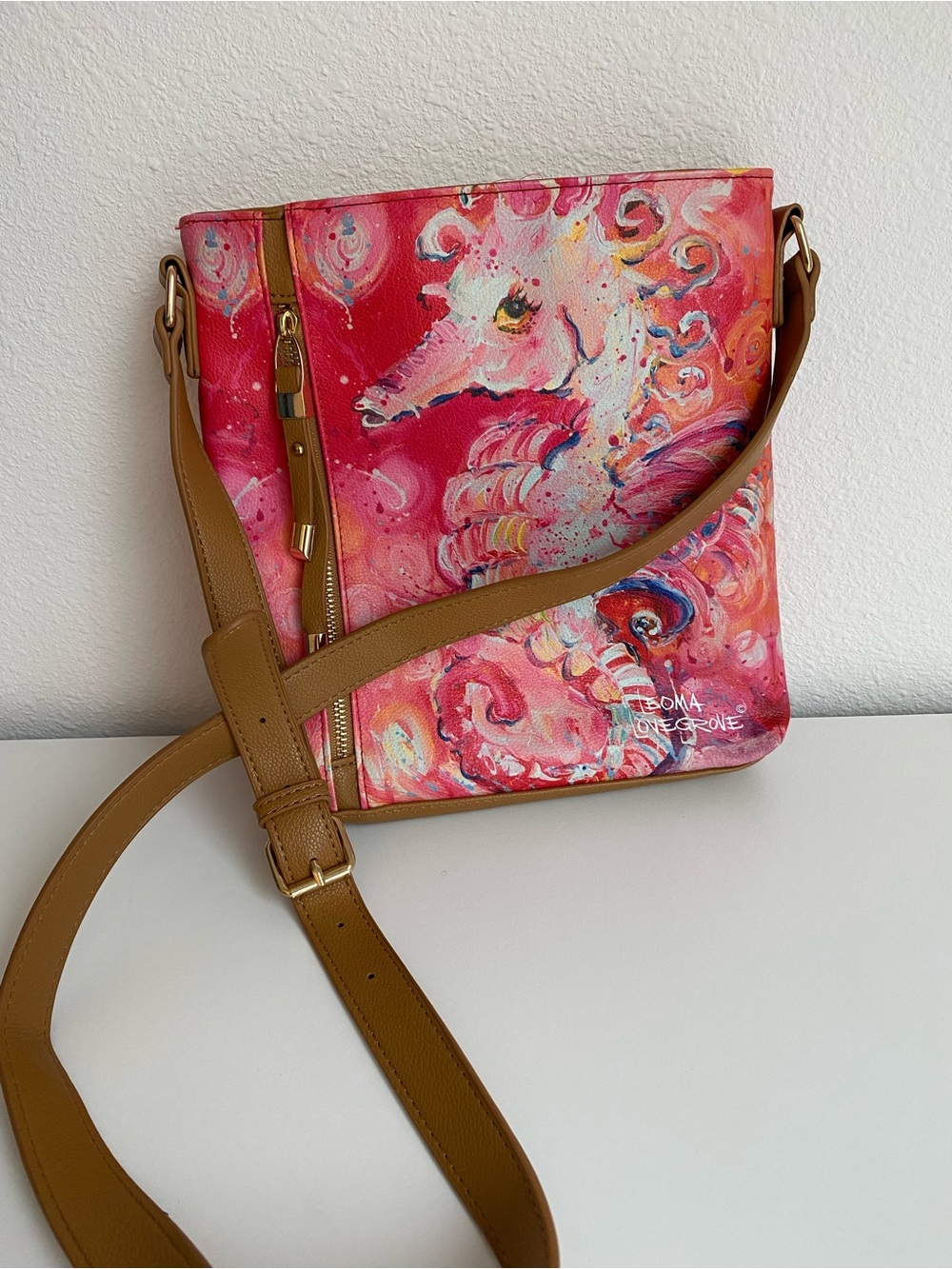 Stunning Unique LEOMA LOVEGROVE Pink Seahorse Animal Print Shoulder Bag Painted